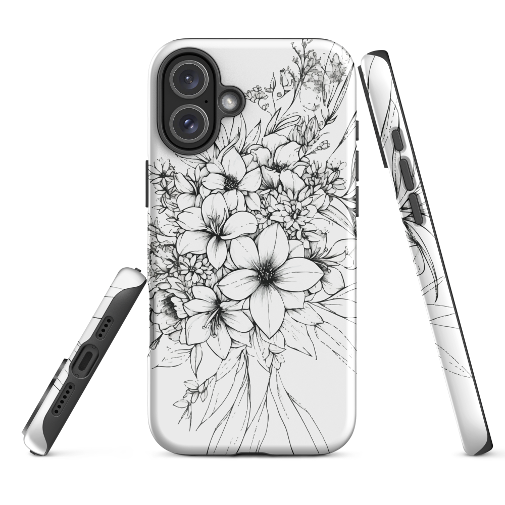 Black and white floral phone case with hand-drawn lilies and wildflowers