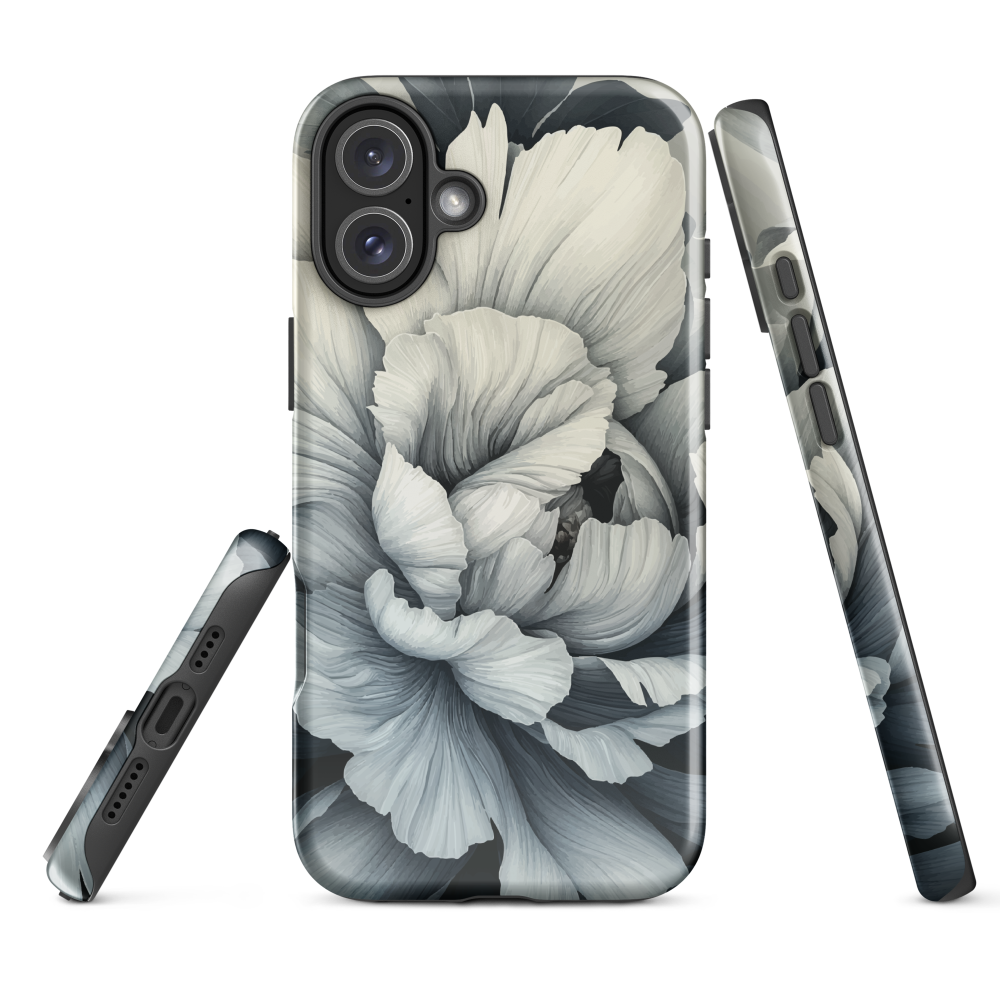 Black and white floral phone case featuring a soft, moody peony design by New Zealand artist Ben Hart.