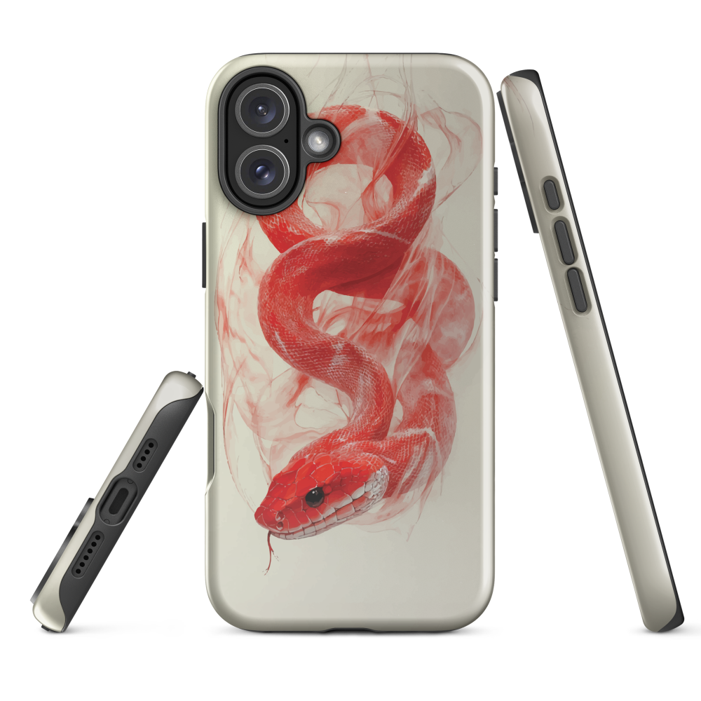 Phone case with red snake design on a cream background, coiled in smoky detail. Bold artwork by NZ designer Ben Hart.