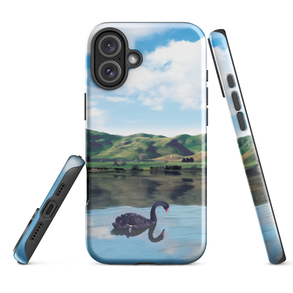 Phone case with a black swan on a calm lake, New Zealand hills in the background. Art by NZ designer Ben Hart.