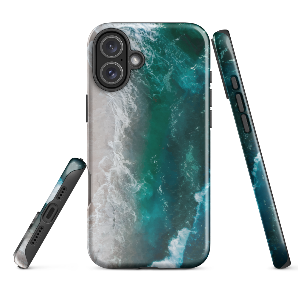 Ocean wave phone case with abstract beach design in teal and white, by NZ artist Ben Hart.