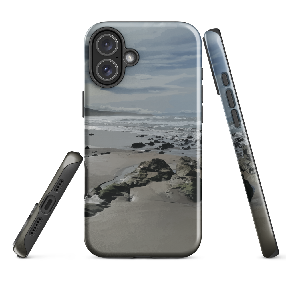 Phone case with artwork of Riversdale Beach, Masterton – rocks, waves and sky by NZ artist Ben Hart.