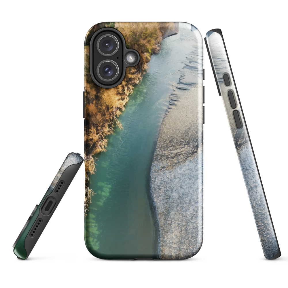 Phone case with aerial riverbend artwork and earthy tones, designed by New Zealand artist Ben Hart.
