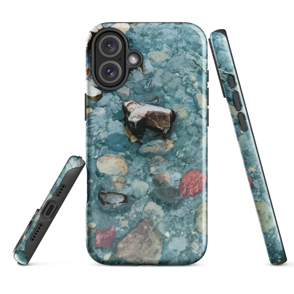 Washed Away designer phone case with abstract river stone artwork in earthy blues and natural tones.