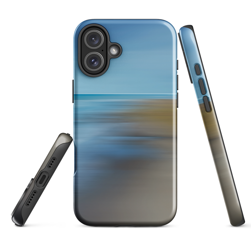 Ocean Breeze phone case with abstract blue and sandy tones inspired by sea and sky.