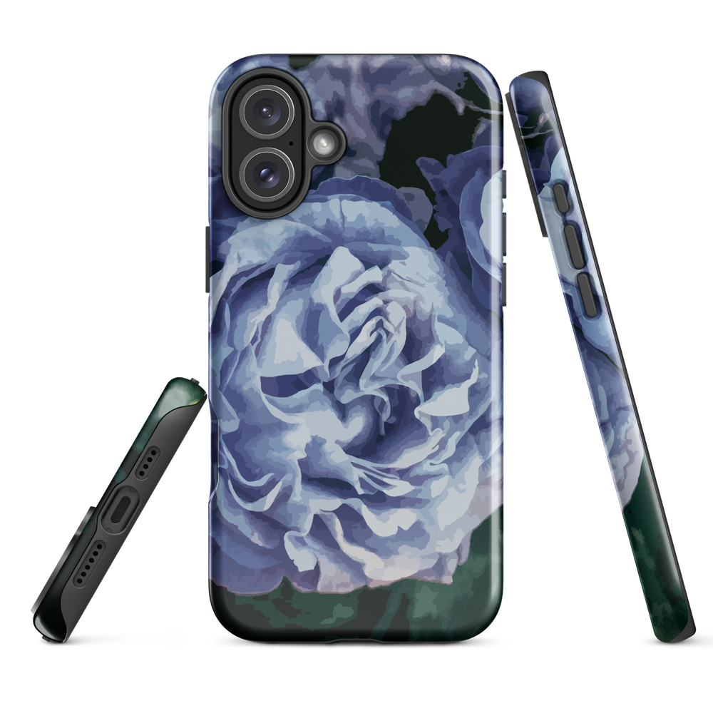 Designer phone case with a bold blue rose artwork and glossy finish.
