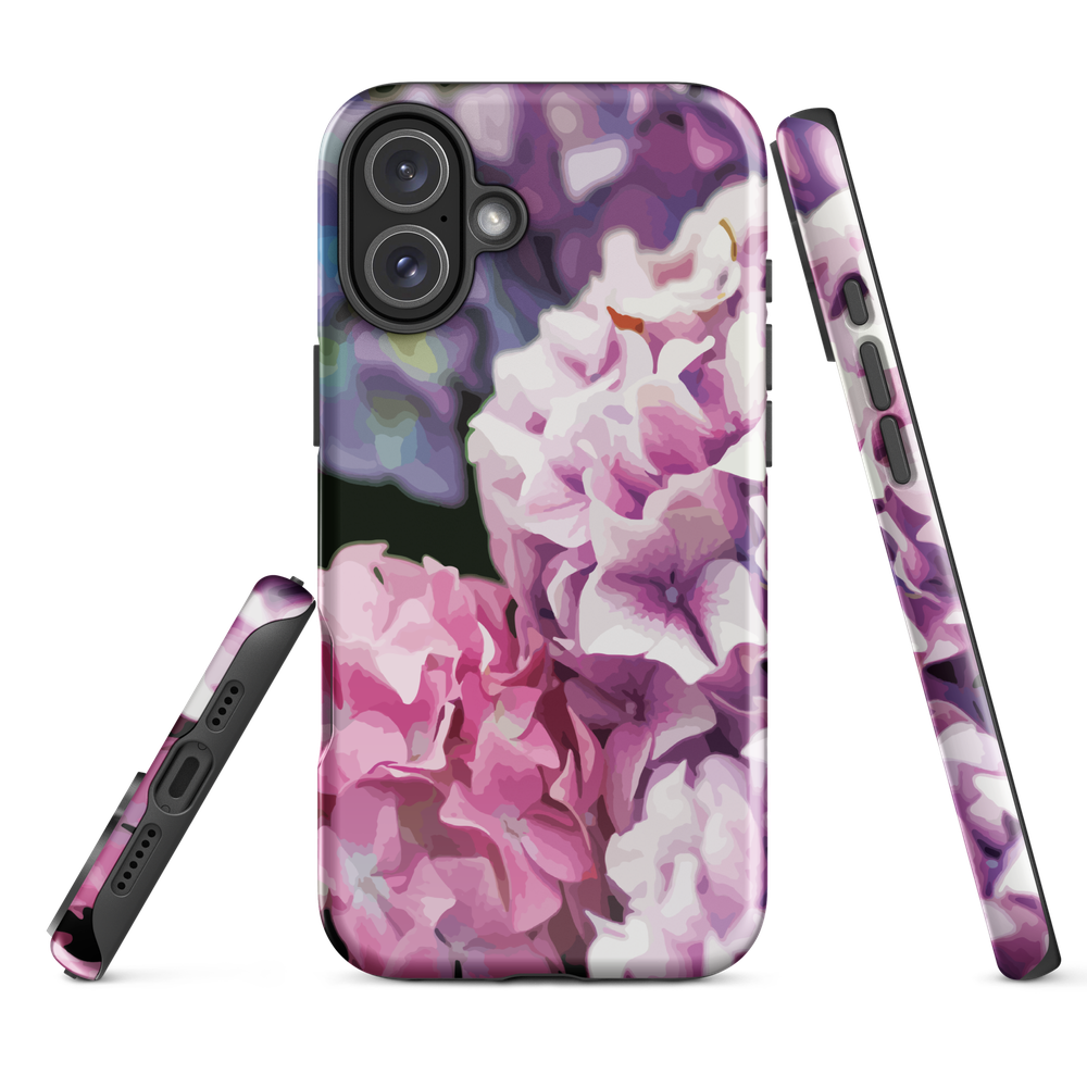 Designer phone case with pink and purple hydrangea floral artwork.
