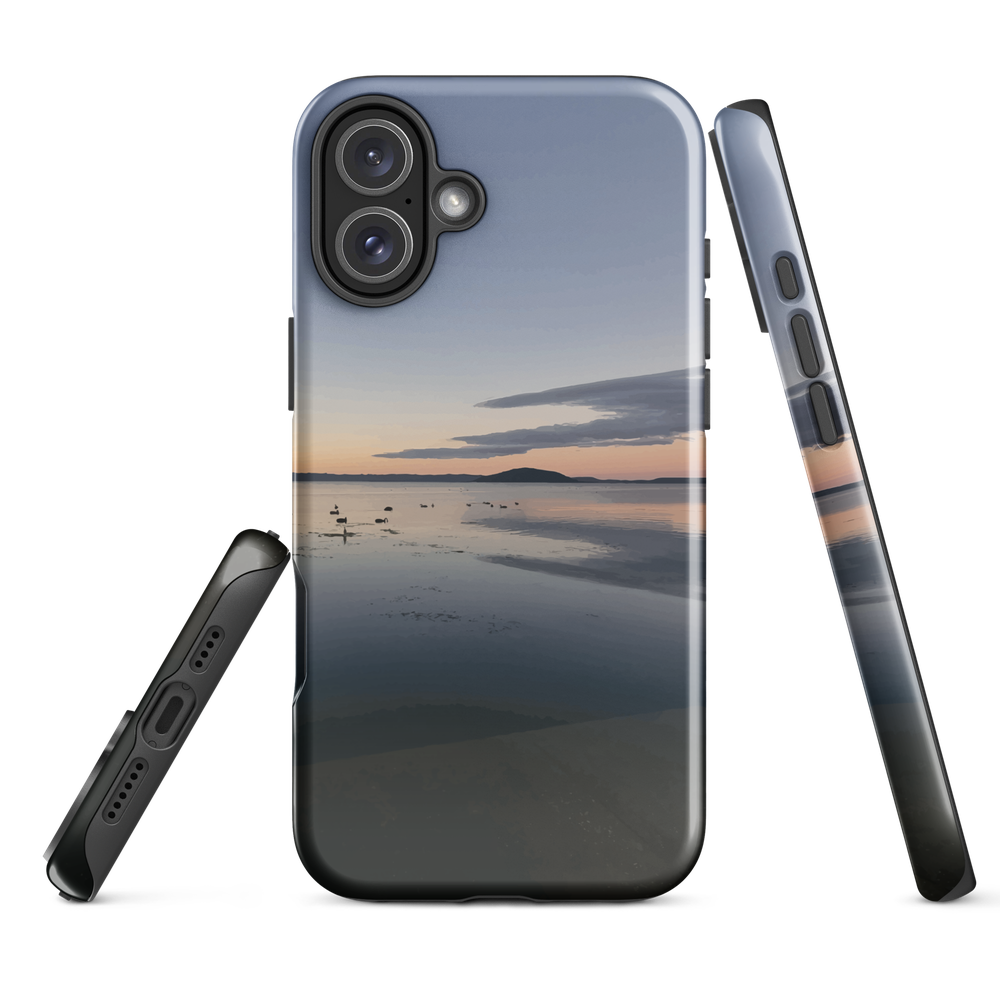Phone case with tranquil lake scene at sunrise and distant hills.