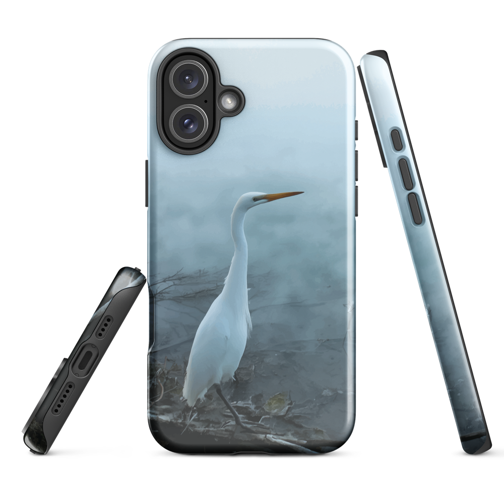 Phone case with a white heron standing in a misty wetland scene.