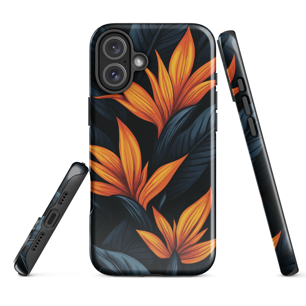 Phone case with bold orange bird of paradise flowers on dark background.