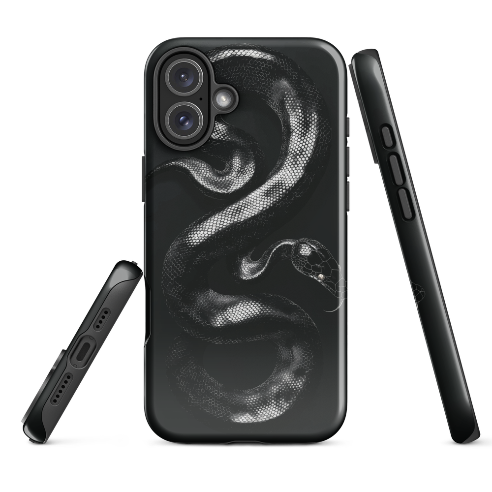 Phone case with detailed black python design on dark background.