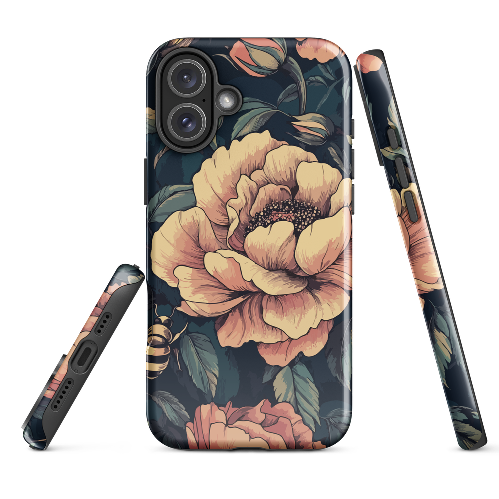 Phone case with vintage-style pink roses and bees on dark background, floral New Zealand artwork.