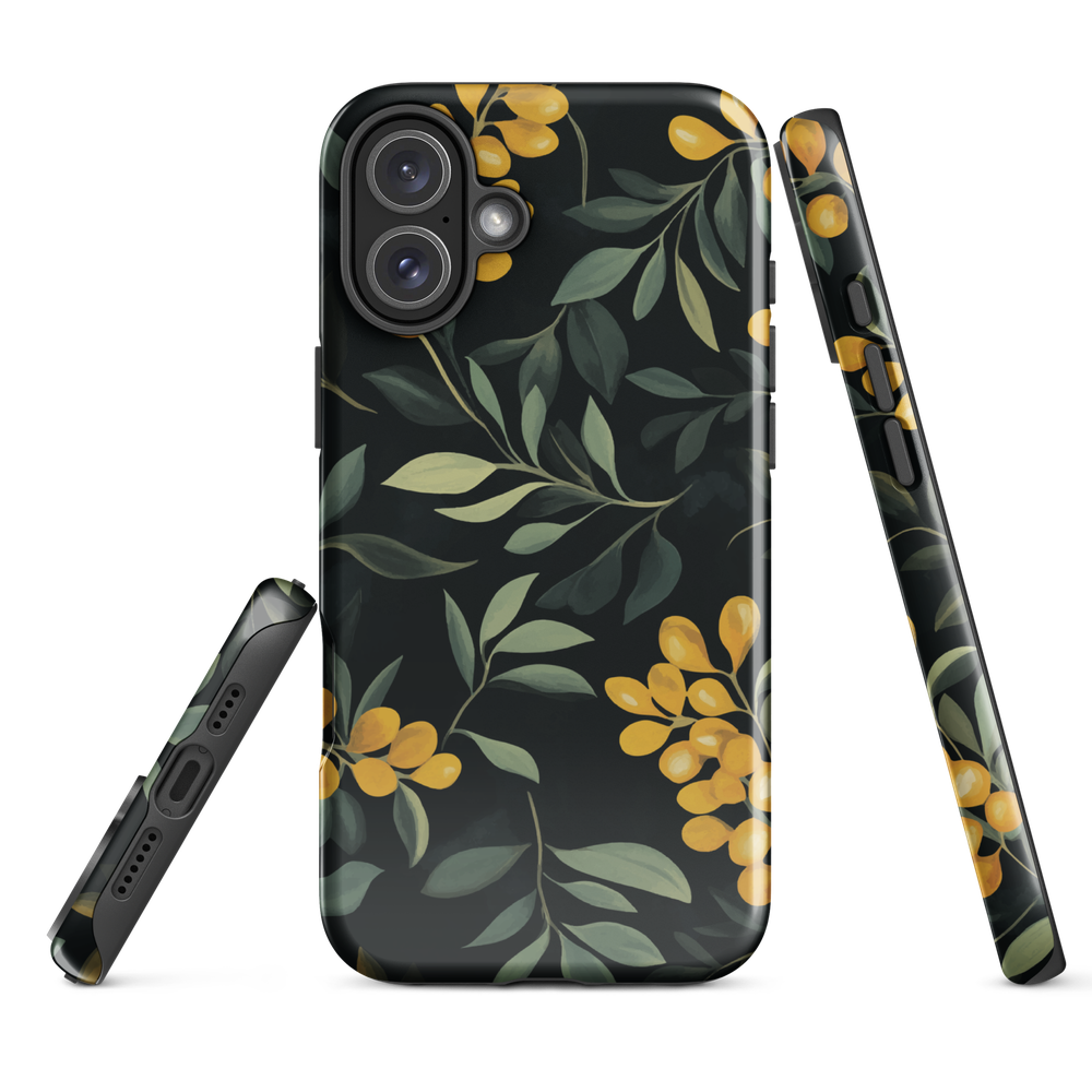 NZ Kowhai phone case with native yellow floral and green leaves on black background by designer Ben Hart.