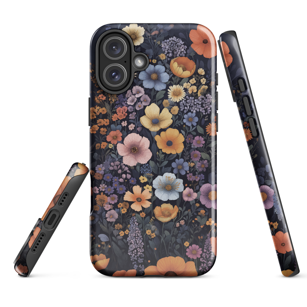 Phone case with colourful wildflowers on dark background, floral art design