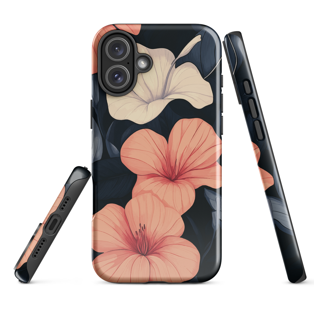 Phone case with coral hibiscus flowers and ivory blooms on dark background
