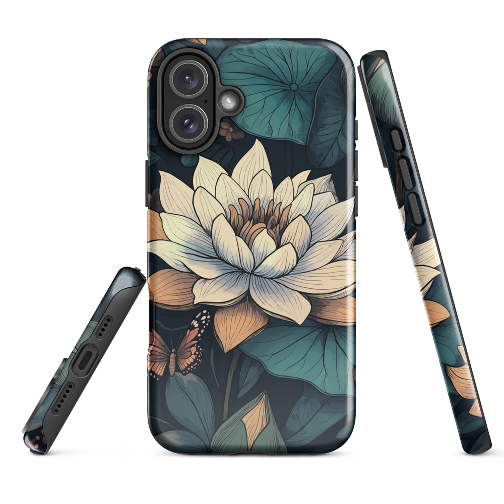 Phone case with ivory water lily, green leaves, and butterfly accents on dark background