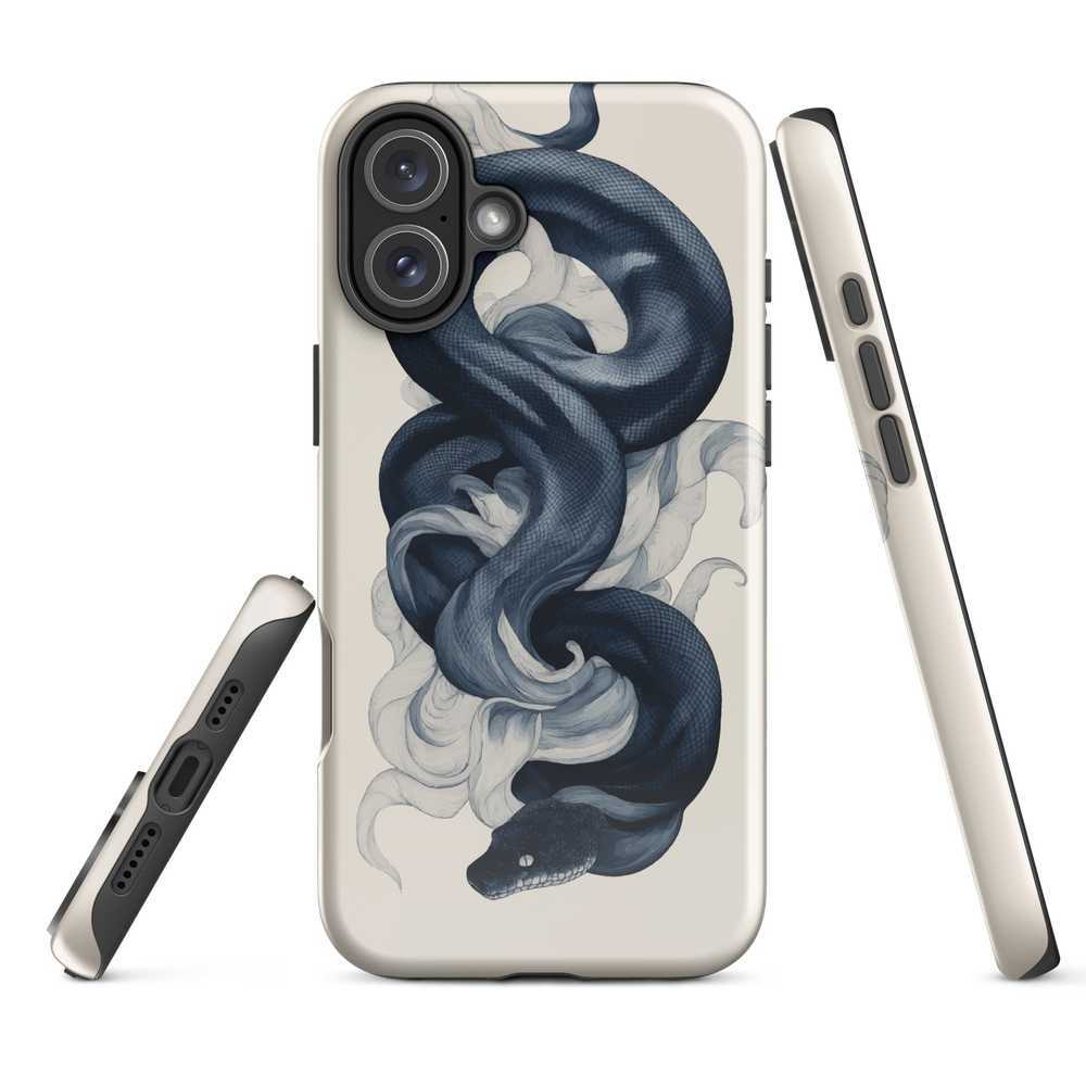Phone case with black python and smoke design on cream background