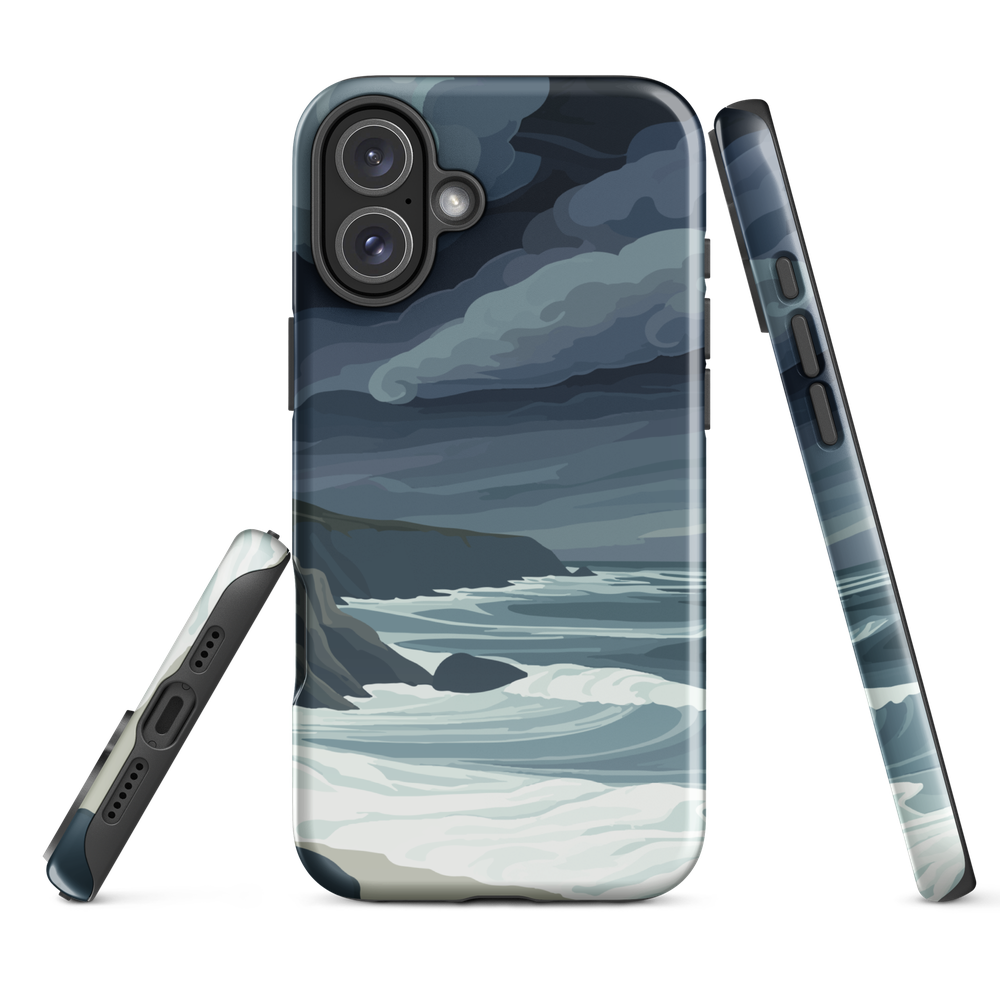 Phone case featuring moody Cape Kidnappers coastline with crashing waves and dark skies