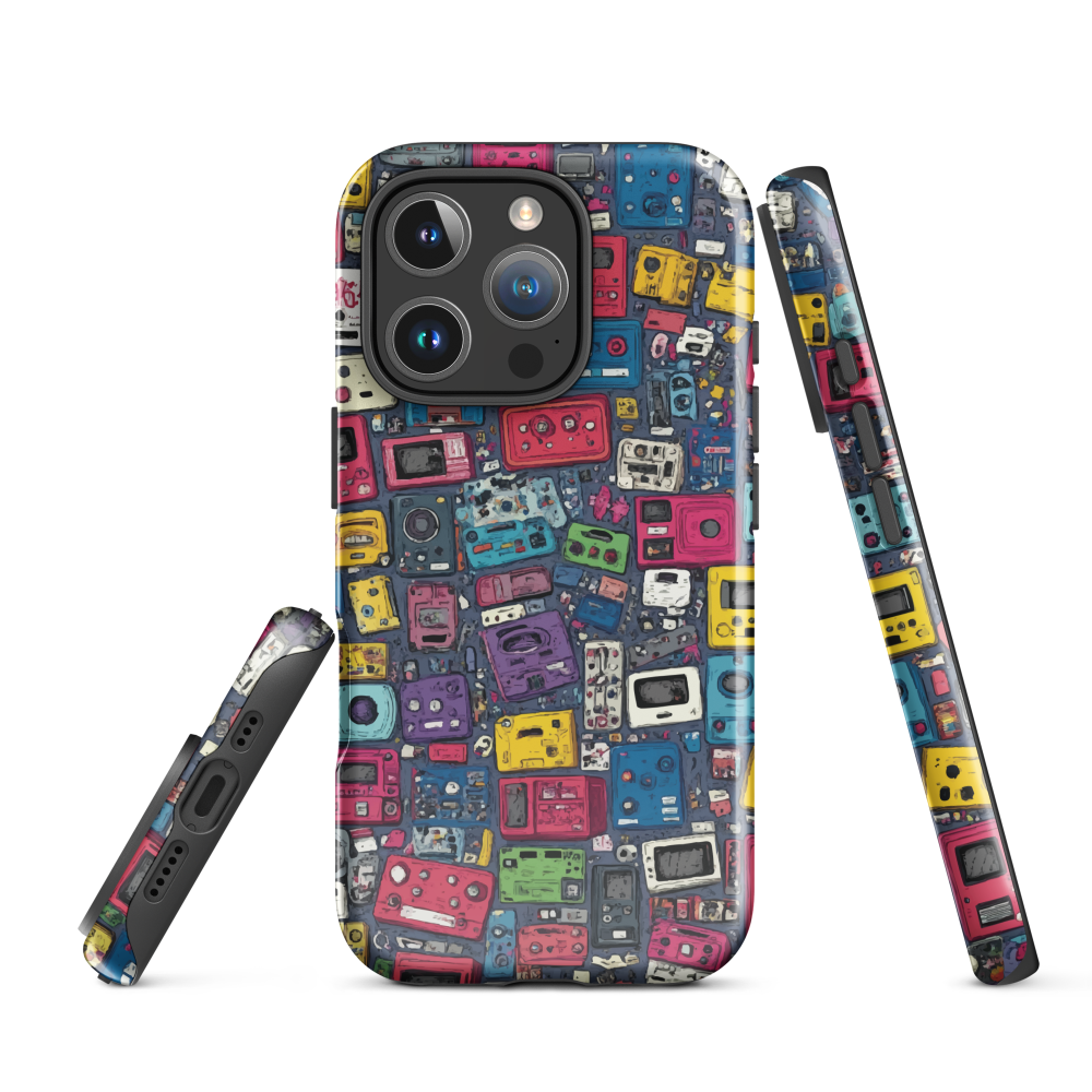 'Arcade' iPhone case, featuring a vibrant collage of hand-drawn controllers in bold, vintage-inspired colours. From electric blue and hot pink to classic black and yellow