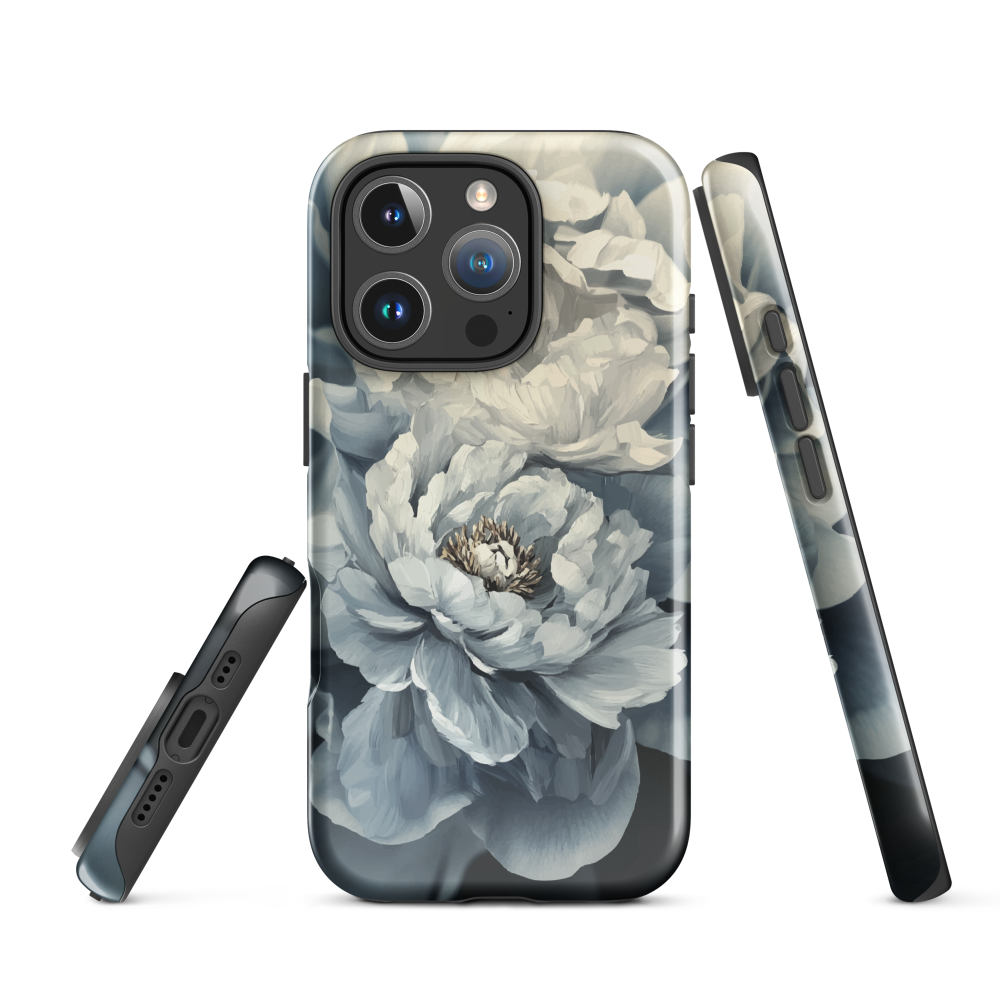 'Whisper' iPhone case features a stunning close-up of softly painted peony blooms in dreamy shades of ivory, grey, and smoky blue.
