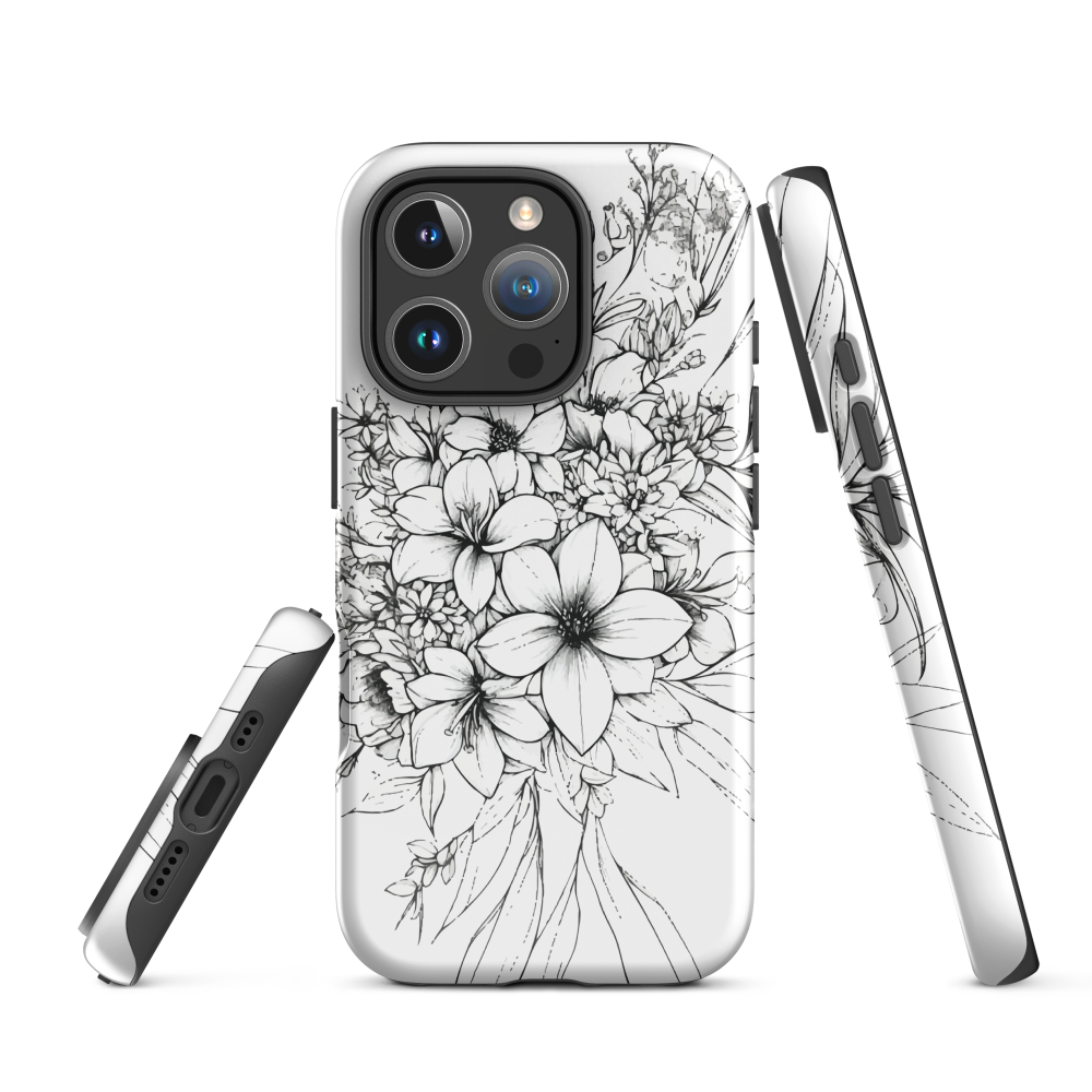 Black and white floral phone case with hand-drawn lilies and wildflowers