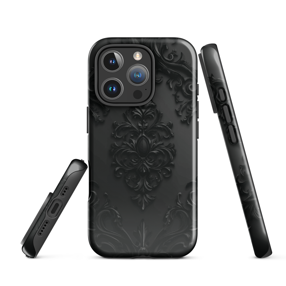 Black embossed damask phone case with gothic baroque pattern.