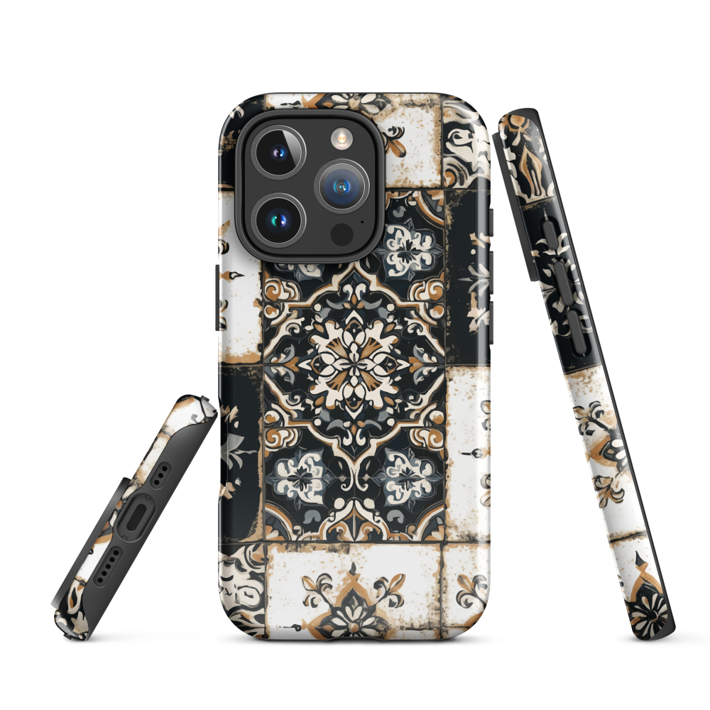 Moroccan tile pattern phone case in black, white, and gold tones with vintage-inspired design.