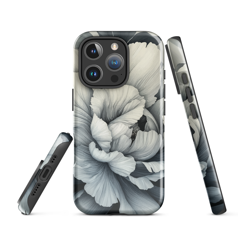Black and white floral phone case featuring a soft, moody peony design by New Zealand artist Ben Hart.