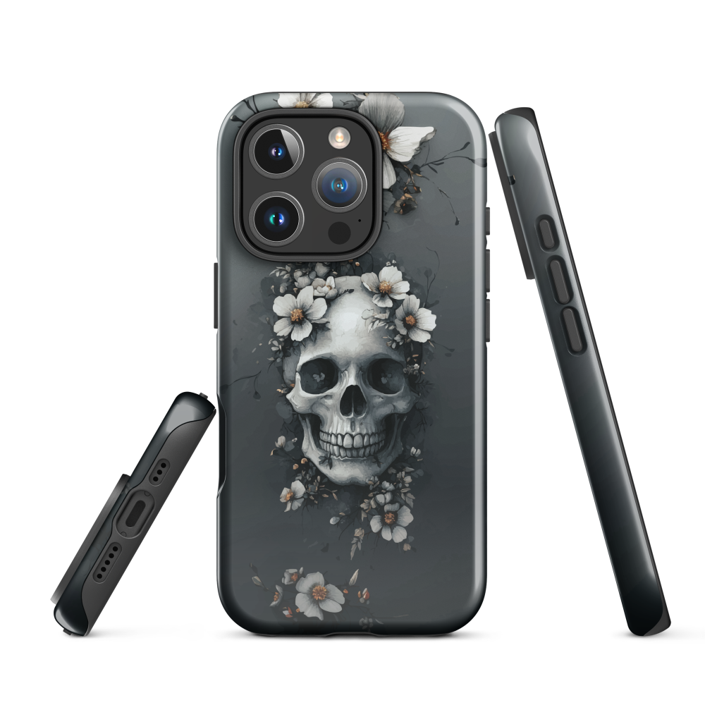 Gothic phone case with a floral skull design in grey tones, featuring white blossoms and dark detailing.
