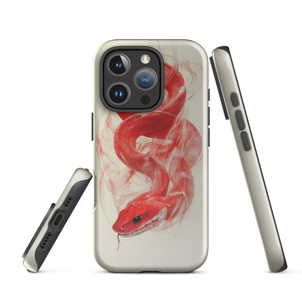 Phone case with red snake design on a cream background, coiled in smoky detail. Bold artwork by NZ designer Ben Hart.