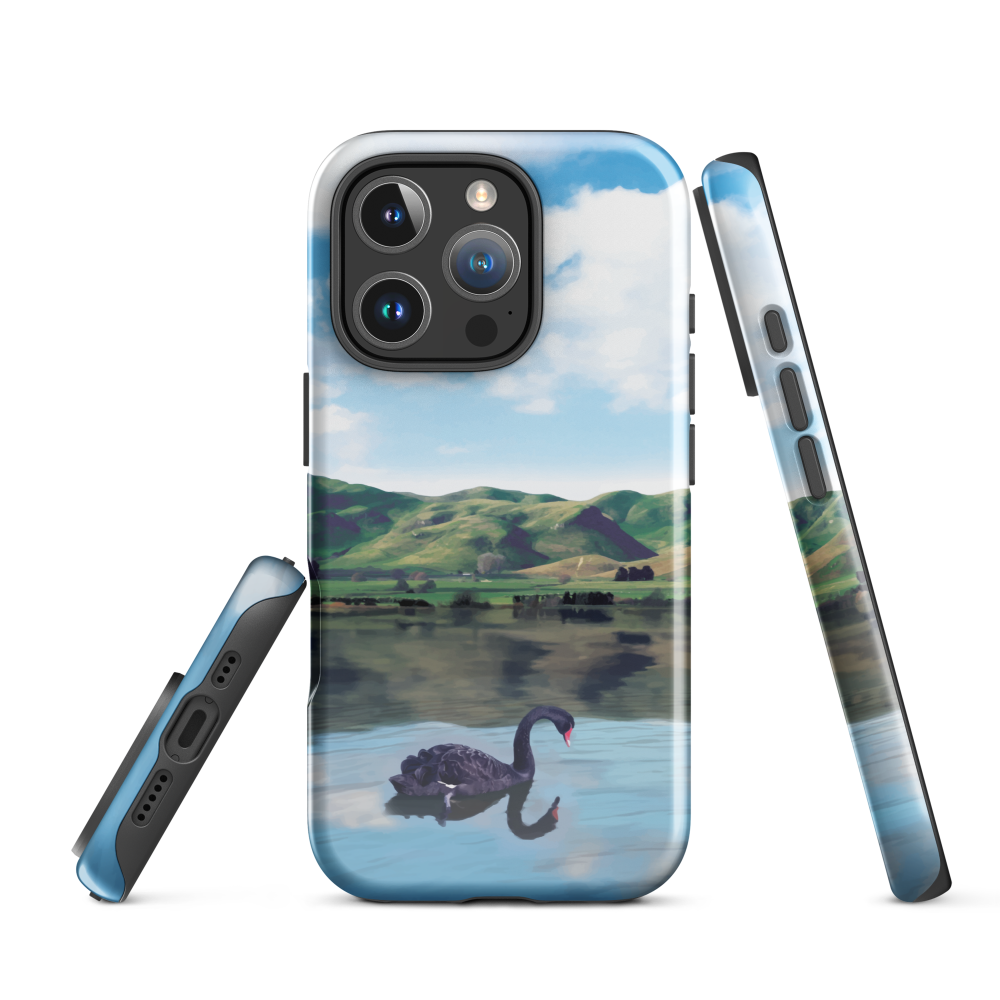 Phone case with a black swan on a calm lake, New Zealand hills in the background. Art by NZ designer Ben Hart.