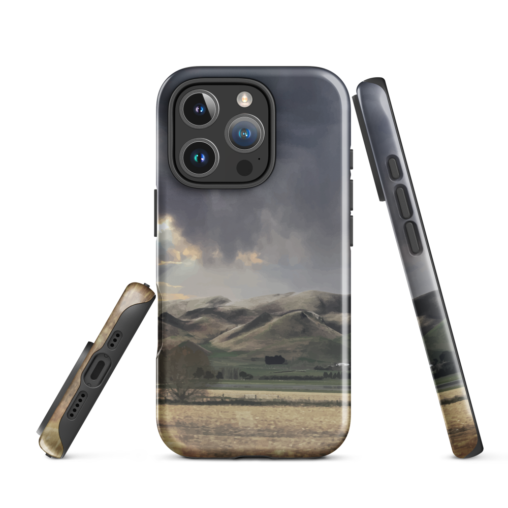 Designer phone case with NZ landscape painting of Te Hauke and cloudy skies by Ben Hart.