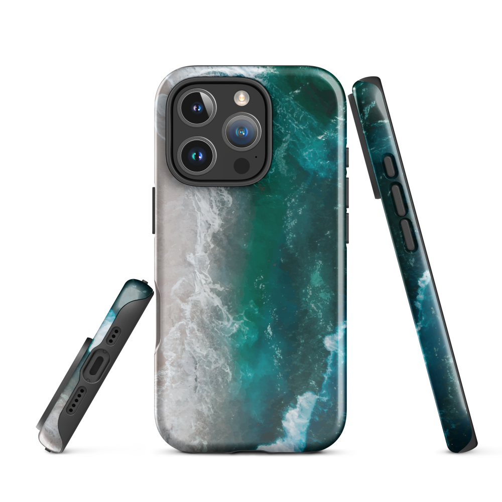 Ocean wave phone case with abstract beach design in teal and white, by NZ artist Ben Hart.