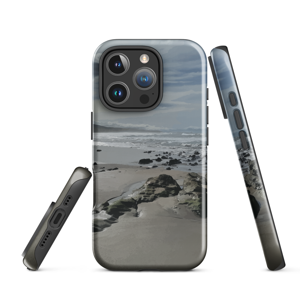 Phone case with artwork of Riversdale Beach, Masterton – rocks, waves and sky by NZ artist Ben Hart.