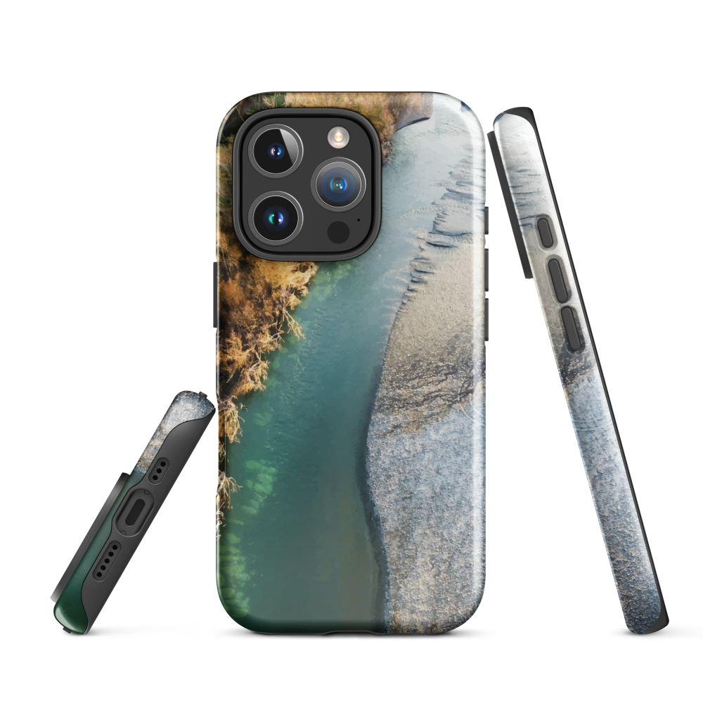 Phone case with aerial riverbend artwork and earthy tones, designed by New Zealand artist Ben Hart.