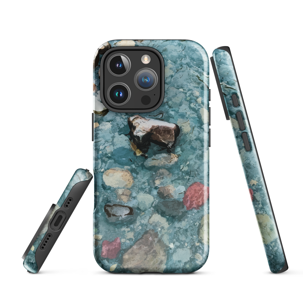 Washed Away designer phone case with abstract river stone artwork in earthy blues and natural tones.