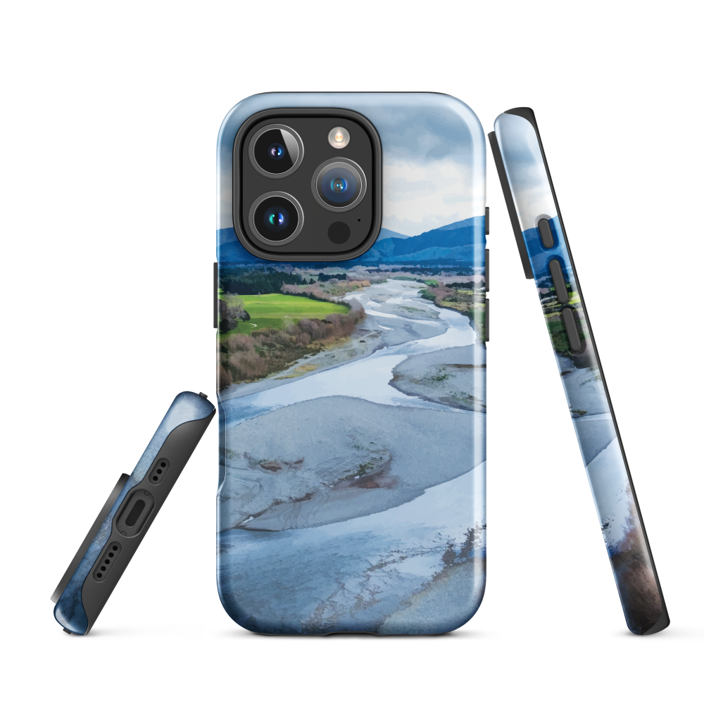 Waiohine phone case featuring artwork of New Zealand’s braided riverbed landscape in the Wairarapa.