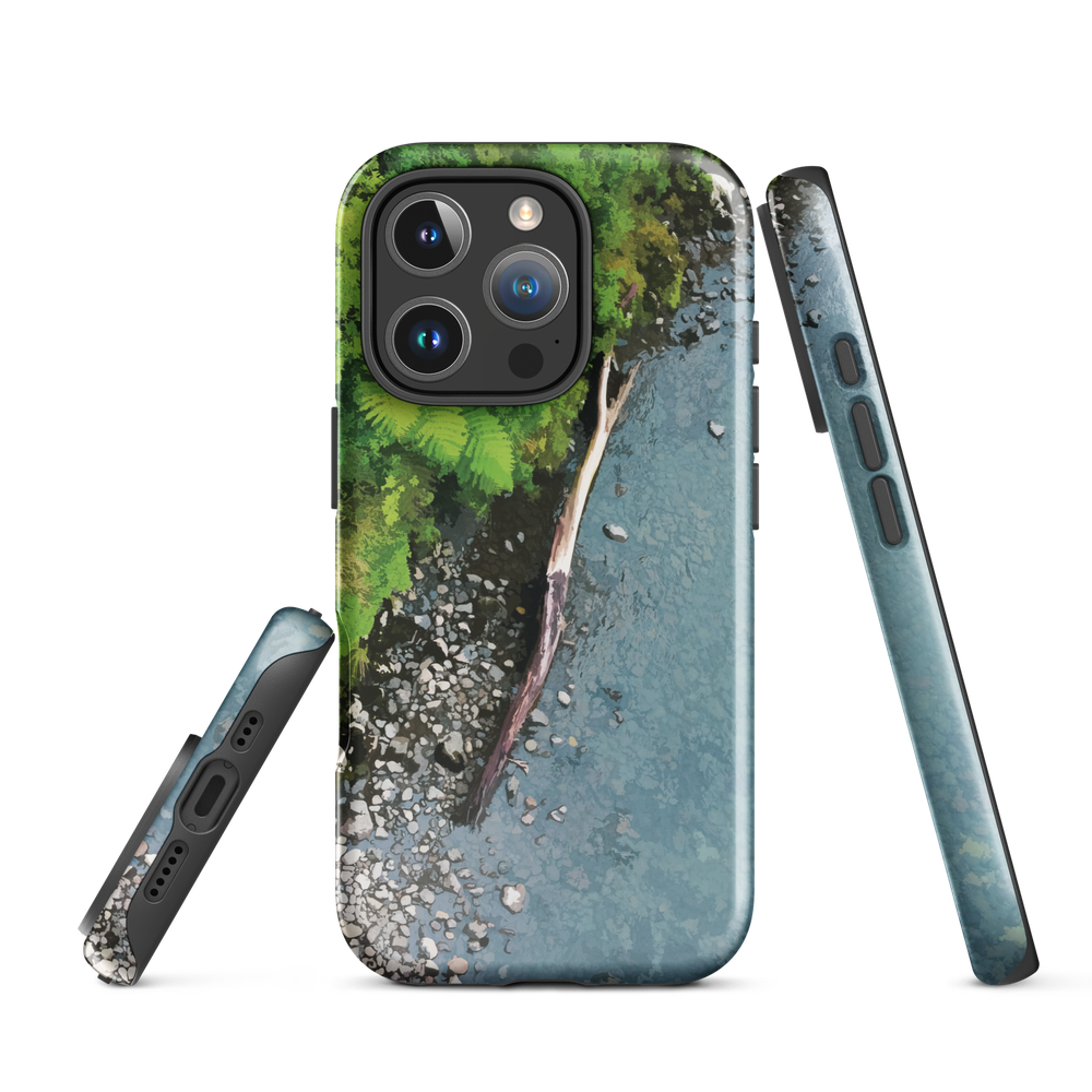 Resting Place phone case with aerial artwork of river rocks, green bush, and driftwood in a New Zealand stream.