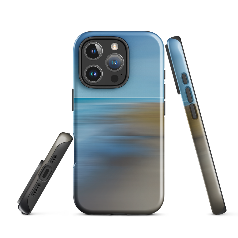 Ocean Breeze phone case with abstract blue and sandy tones inspired by sea and sky.