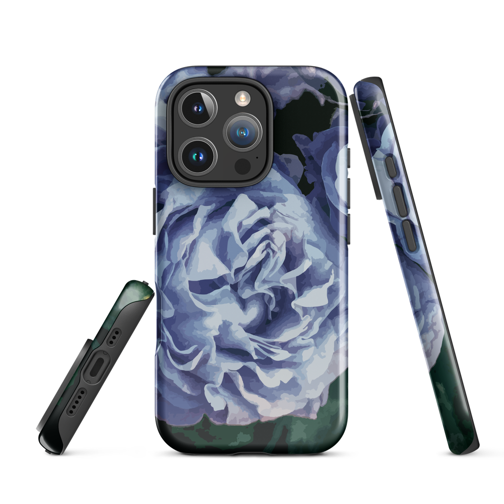 Designer phone case with a bold blue rose artwork and glossy finish.