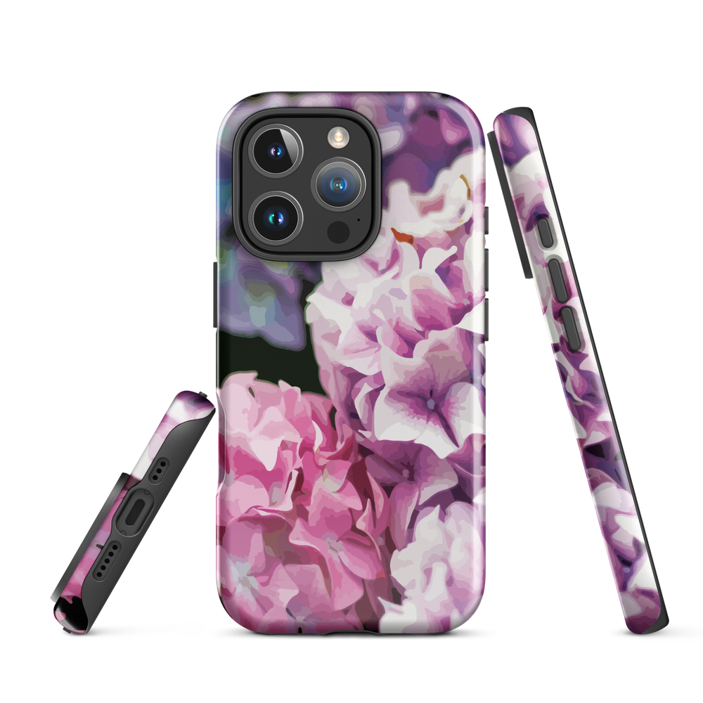 Designer phone case with pink and purple hydrangea floral artwork.