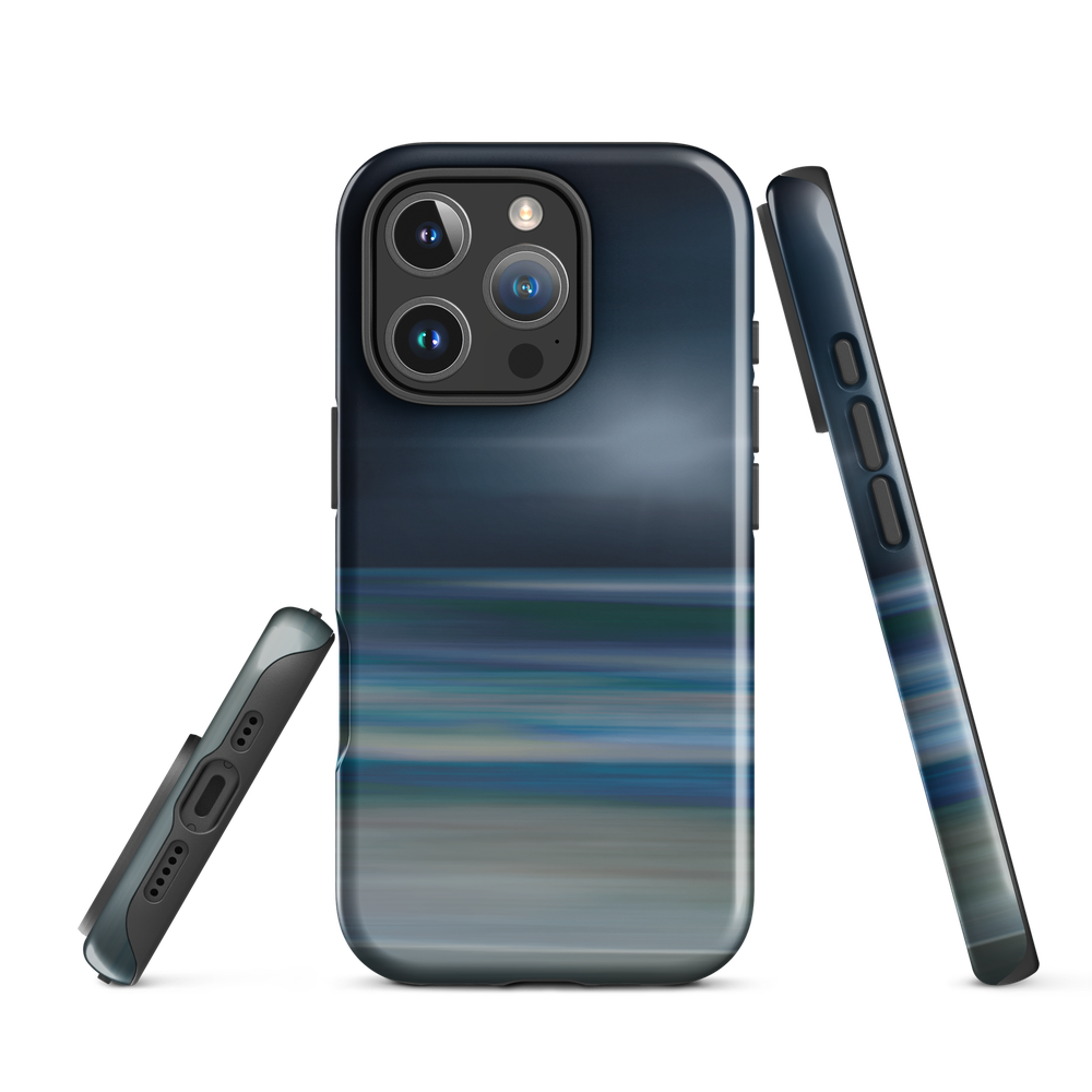 Dark abstract phone case with blue and grey streaks and glossy finish.