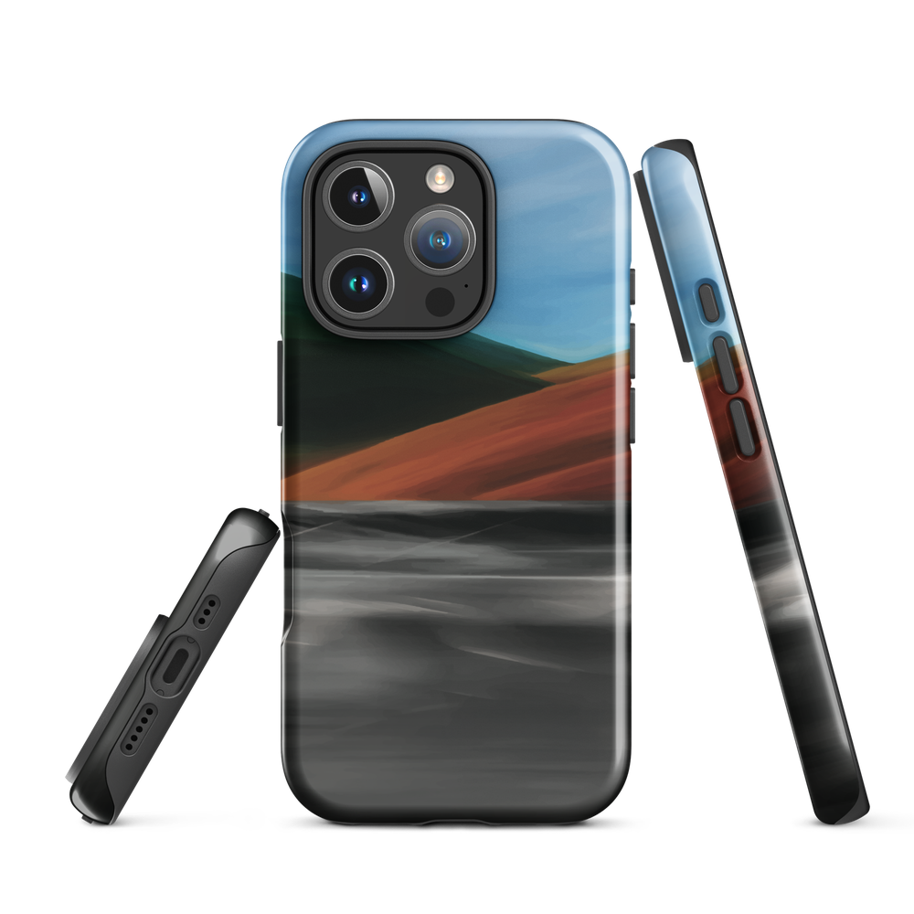 Phone case with abstract red, green, and blue heat wave landscape design.