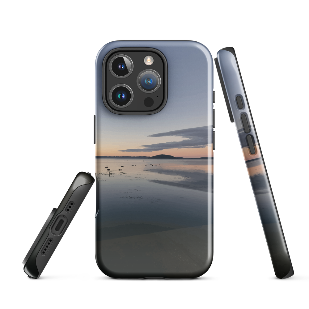 Phone case with tranquil lake scene at sunrise and distant hills.