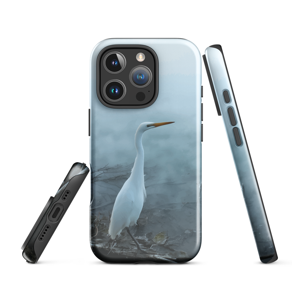 Phone case with a white heron standing in a misty wetland scene.