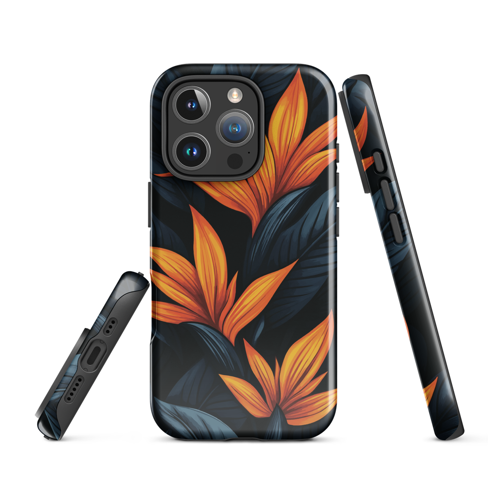Phone case with bold orange bird of paradise flowers on dark background.