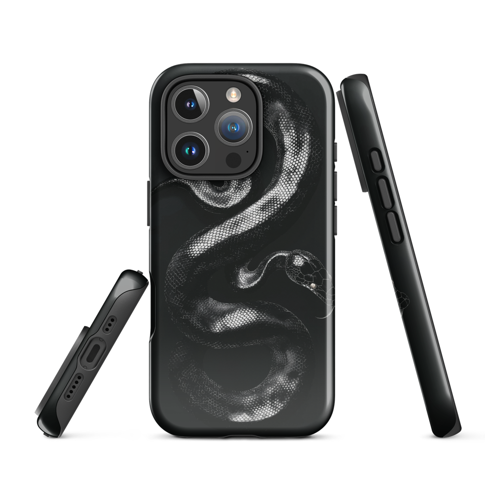 Phone case with detailed black python design on dark background.