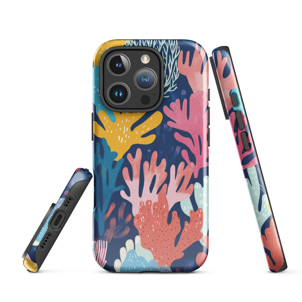 Colourful coral reef phone case design in pink, blue and yellow by NZ artist Ben Hart