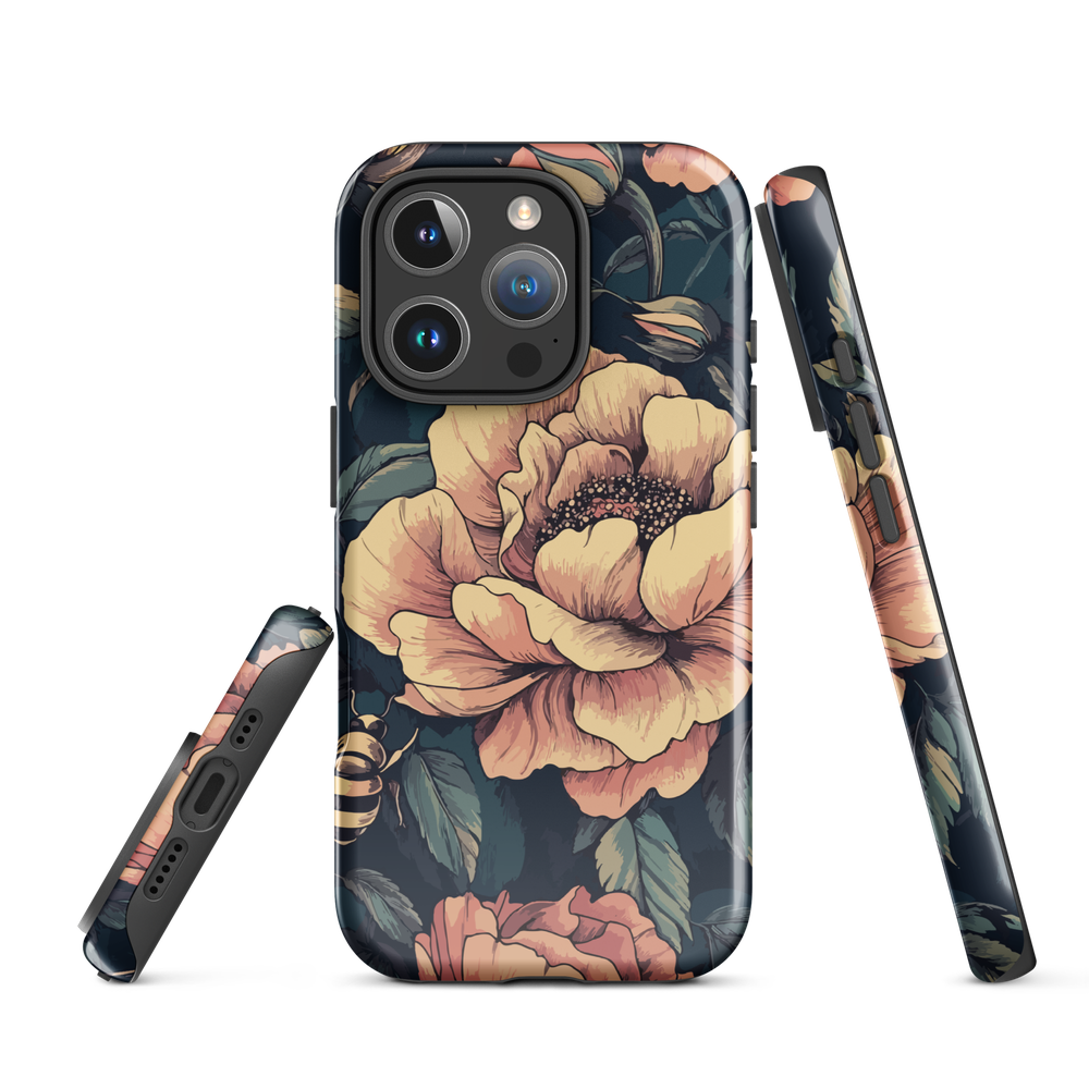Phone case with vintage-style pink roses and bees on dark background, floral New Zealand artwork.
