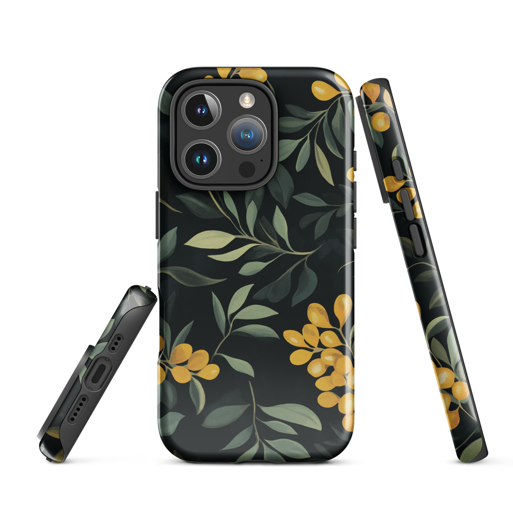 NZ Kowhai phone case with native yellow floral and green leaves on black background by designer Ben Hart.
